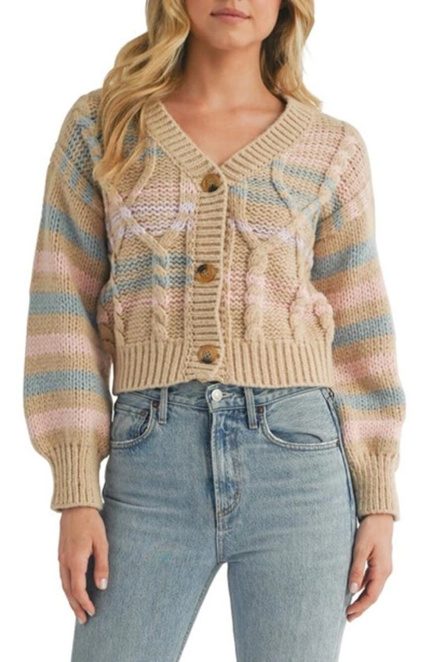 Lush Tan Multicolor Striped Cable Knit Button Up Cardigan Sweater Top Size M